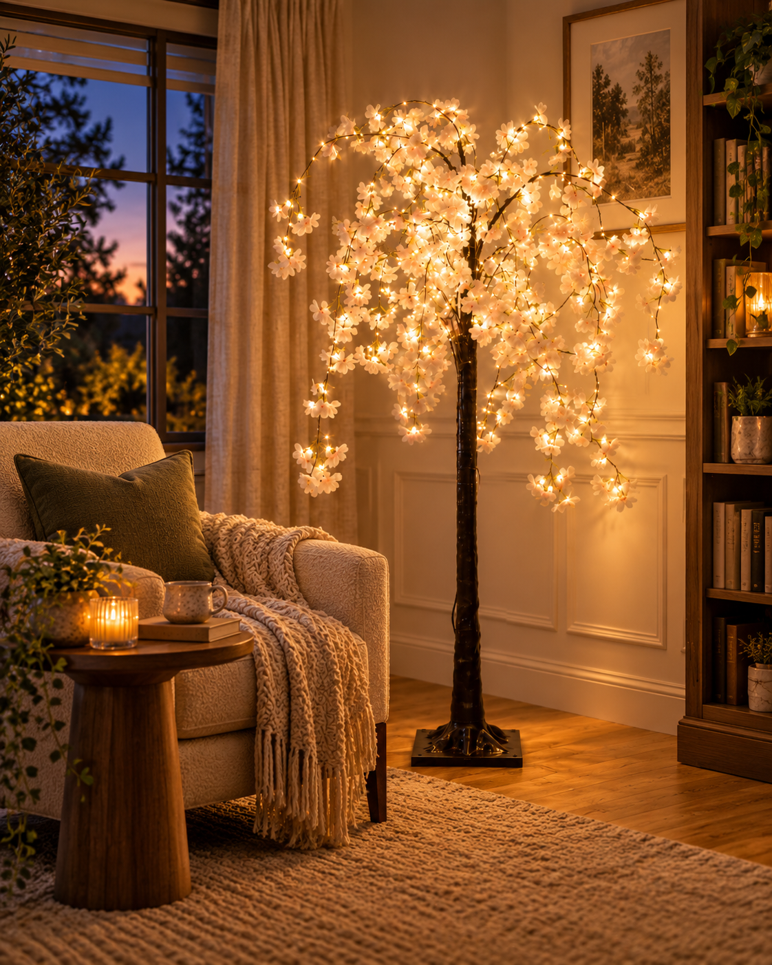 Decorative Cherry Blossom Tree Floor Lamp Illuminating a Living Room with Warm LED Lights
