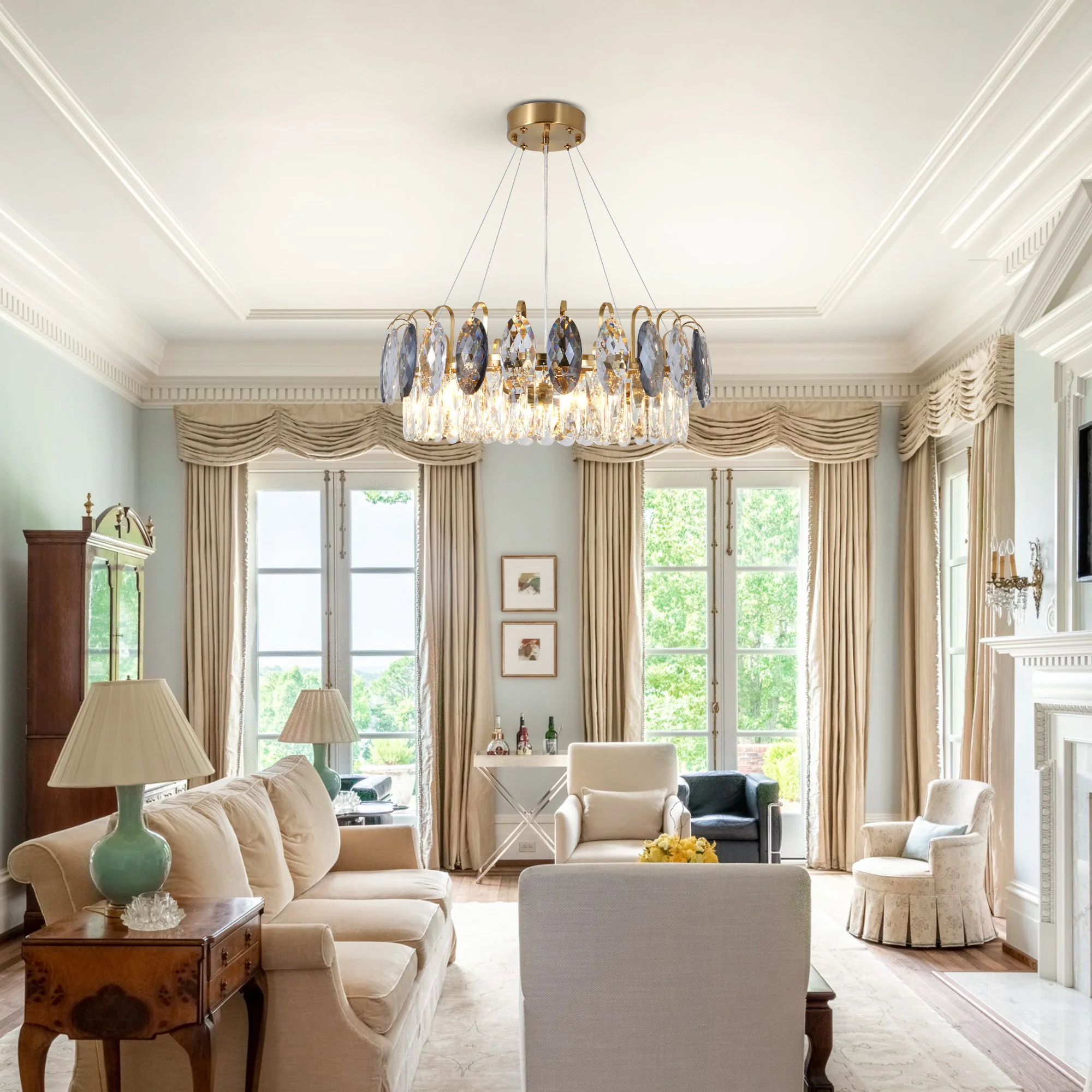 round antique brass crystal chandelier in elegant living room