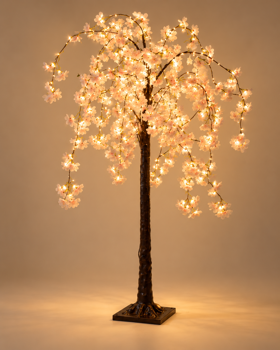 Front View of a Glowing Cherry Blossom Tree Floor Lamp with Warm White LED Lights