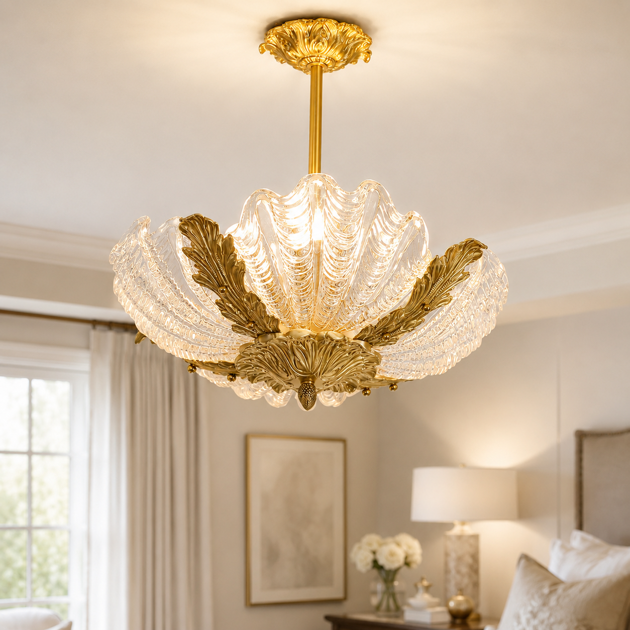 DS-DG01 brass and clear shell glass chandelier providing warm ambient lighting in an elegant bedroom