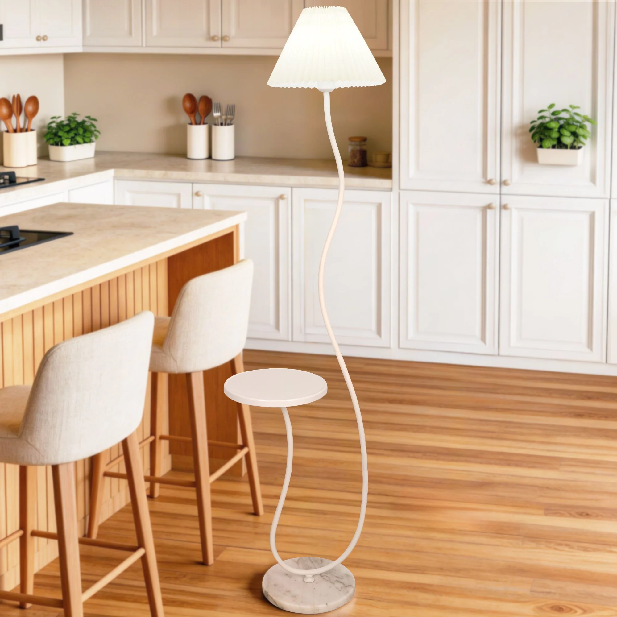 Pleated Cream Style Floor Lamp White Iron Linen Marble E26 Three Color Light Line Switch for Living Room Bedroom