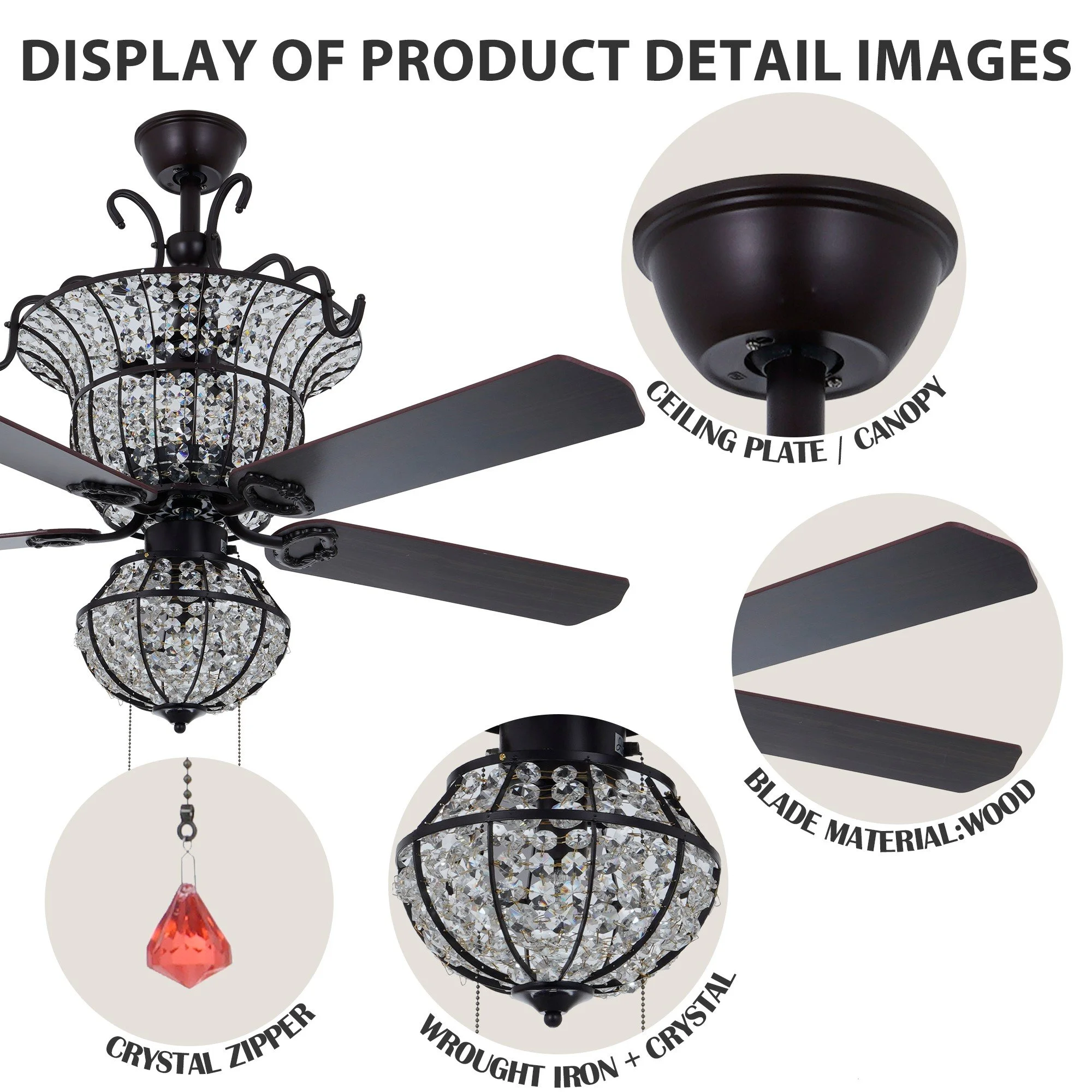 Crystal fandelier details showing bronze motor housing, reversible wood blades, crystal pull chain and K9 crystal shade