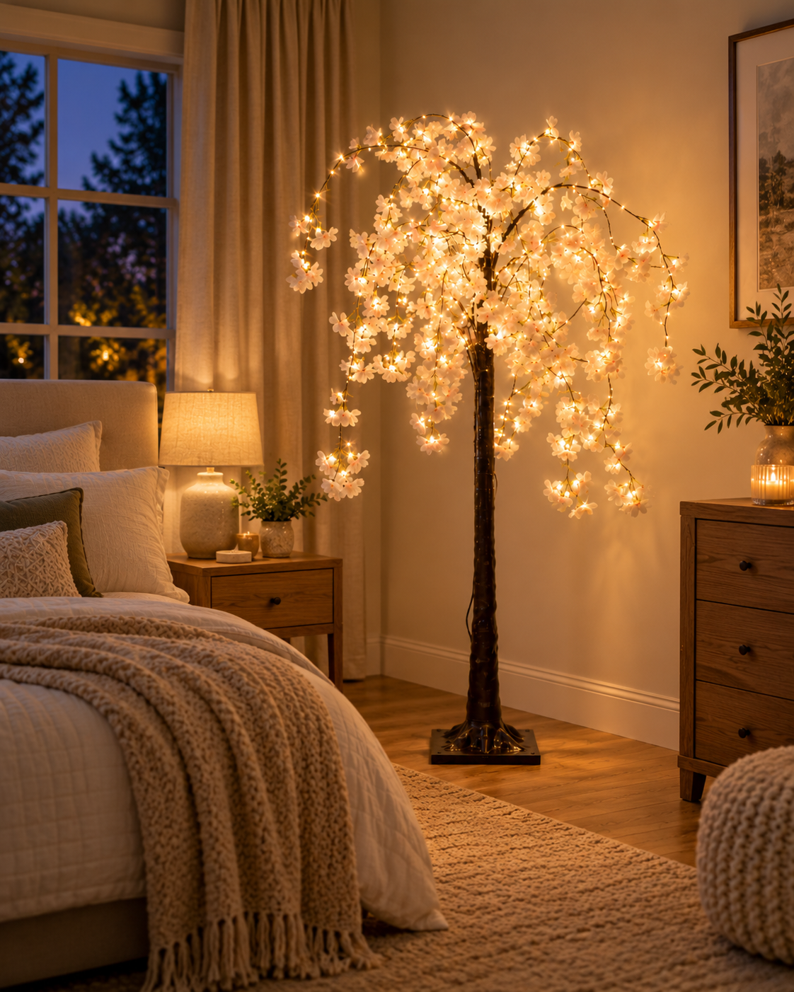 Cherry Blossom Tree Floor Lamp Beside a Sofa in a Warm and Cozy Living Room