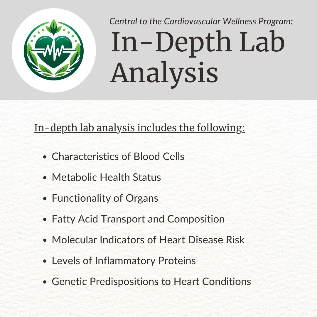 Dr. Panka&rsquo;s in-depth lab analysis is designed to dive deeply into your distinct biochemical profile, pinpointing elements that represent underlying causes of your symptoms.⁠
⁠
Dr. Panka regularly monitors your lab results throughout the Cardiov