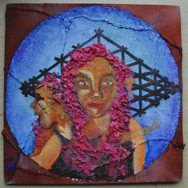 SELF PORTRAIT (12" x 12" - Oils, Paper & Wax on Hosiery Covered Board)