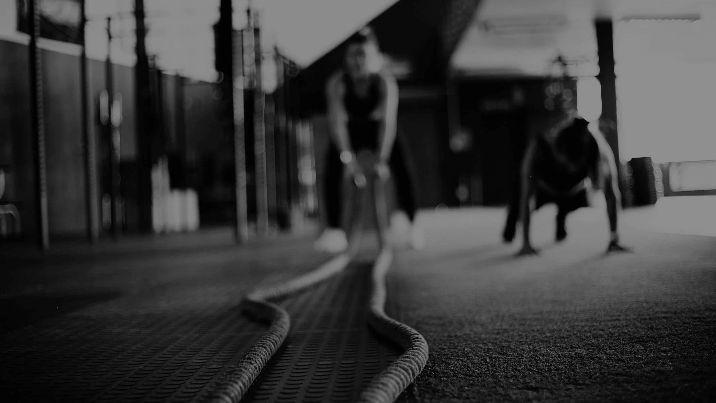 A women holds battle ropes and another women is holding a plank in a gym setting