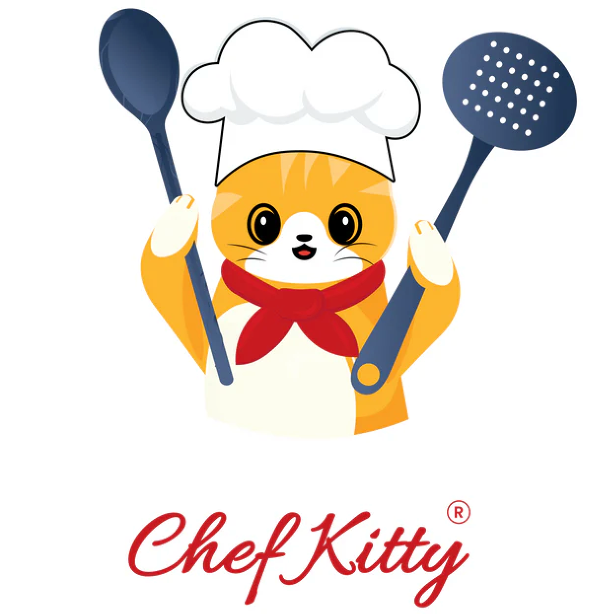 Cartoon cat wearing a chef's hat and red neckerchief, holding a spoon and a spatula, with the text 'Chef Kitty' below.