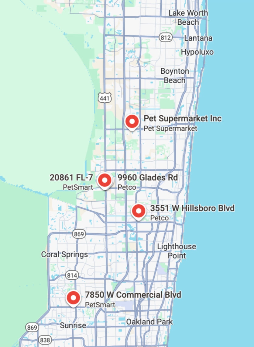 Map showing locations of pet stores in the Fort Lauderdale area, including Pet Supermarket Inc, PetSmart, and Petco.