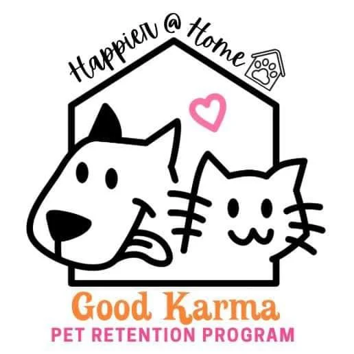 Illustration of a dog and cat inside a house outline with the text 'Happier @ Home' above, a pink heart, and a small pet photo icon, promoting a pet retention program from Good Karma.