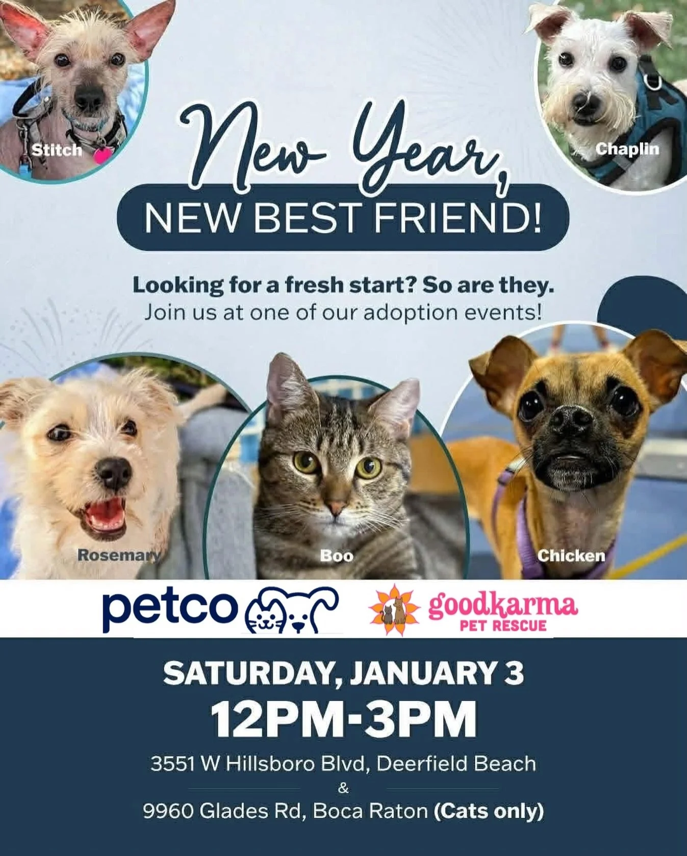 ✨ NEW YEAR, NEW BEST FRIEND! ✨

Looking for a fresh start in 2026? So are they. 💛

Join Good Karma Pet Rescue at Petco for TWO adoption events and meet some seriously amazing pups &amp; kitties ready for forever homes!

📍 Saturday, January 3
⏰ 12PM