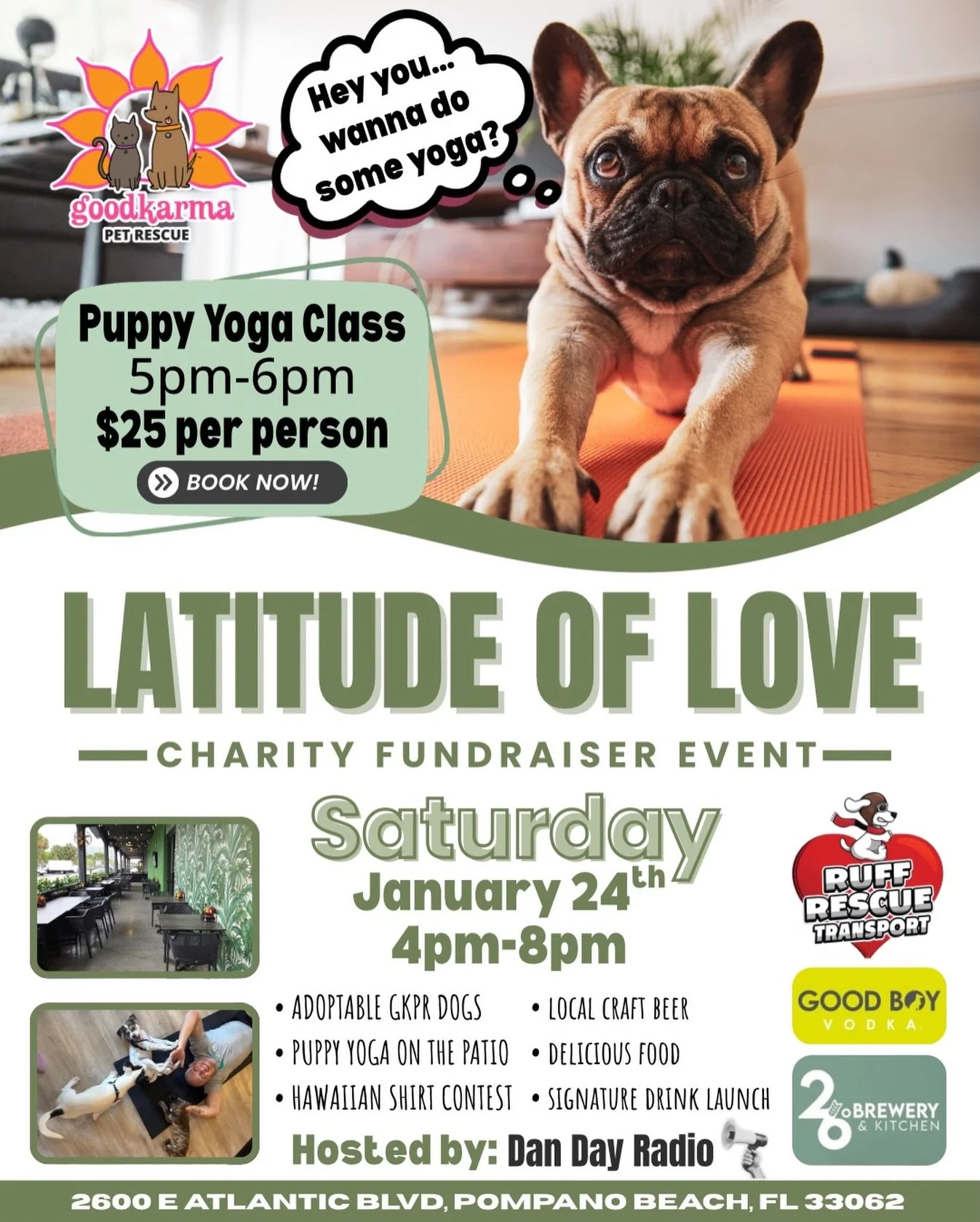 🧘&zwj;♀️🐶 PUPPY YOGA + PUPS = THE BEST KIND OF STRETCH 🐶🧘&zwj;♂️

Join us for Latitude of Love, a feel-good charity fundraiser benefiting rescue dogs &mdash; and yes, that includes puppy yoga on the patio 😍

📅 Saturday, January 24
⏰ 4&ndash;8 P