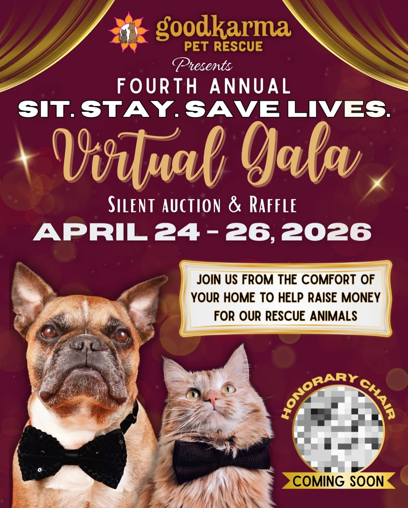 🎉✨ IT&rsquo;S OFFICIAL&hellip; OUR FOURTH ANNUAL VIRTUAL GALA IS BACK! ✨🎉

Good Karma Pet Rescue&rsquo;s Sit. Stay. Save Lives. Virtual Gala returns April 24&ndash;26, 2026 &mdash; and it&rsquo;s three nights of couch-side bidding for a cause. 🛋️✨