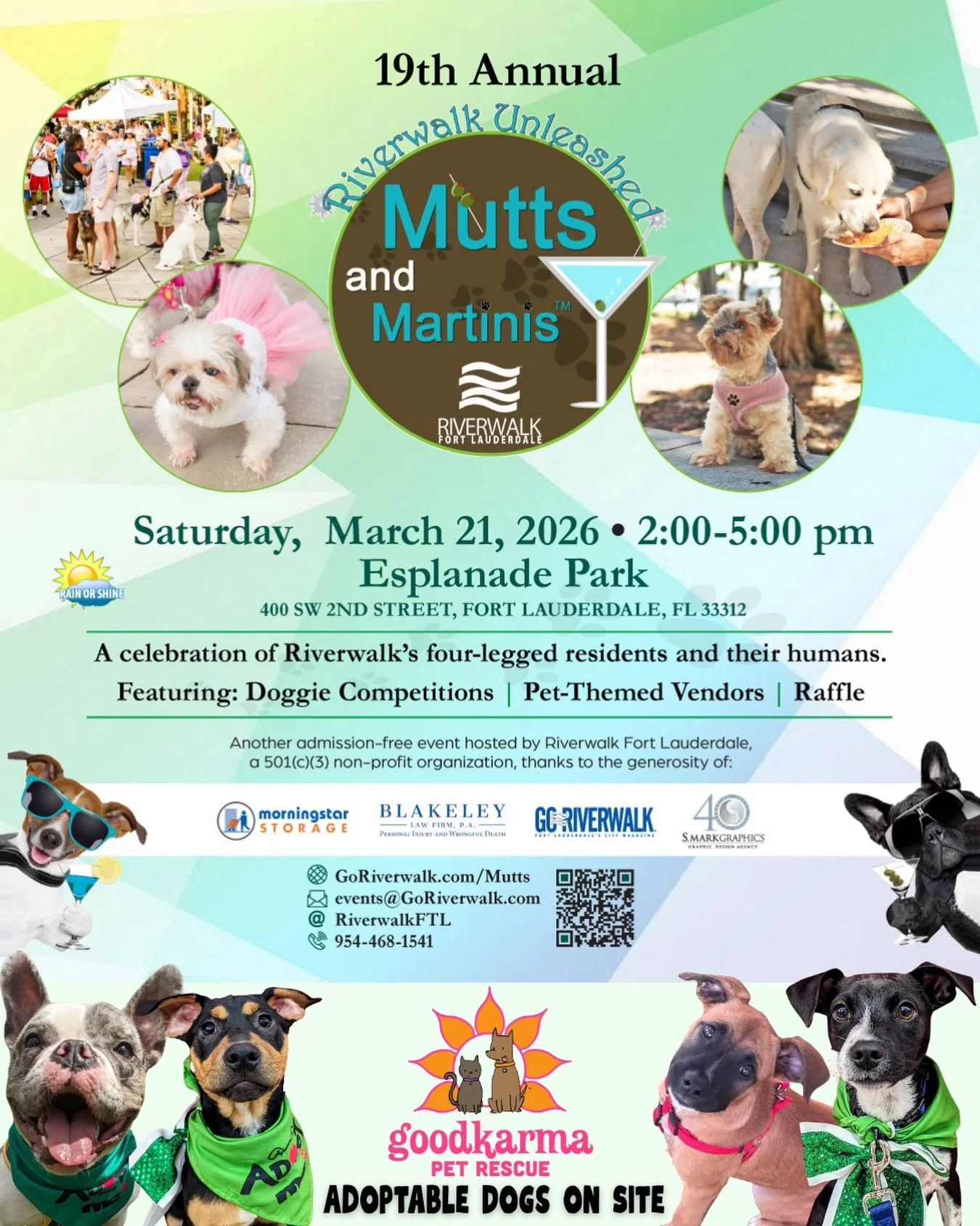 🐾 Good Karma Pet Rescue at Mutts &amp; Martinis! 🍸

Join us for a paw-some afternoon at the 19th Annual Riverwalk Mutts &amp; Martinis &mdash; a fun celebration of Fort Lauderdale&rsquo;s four-legged residents and the humans who love them!

Good Ka