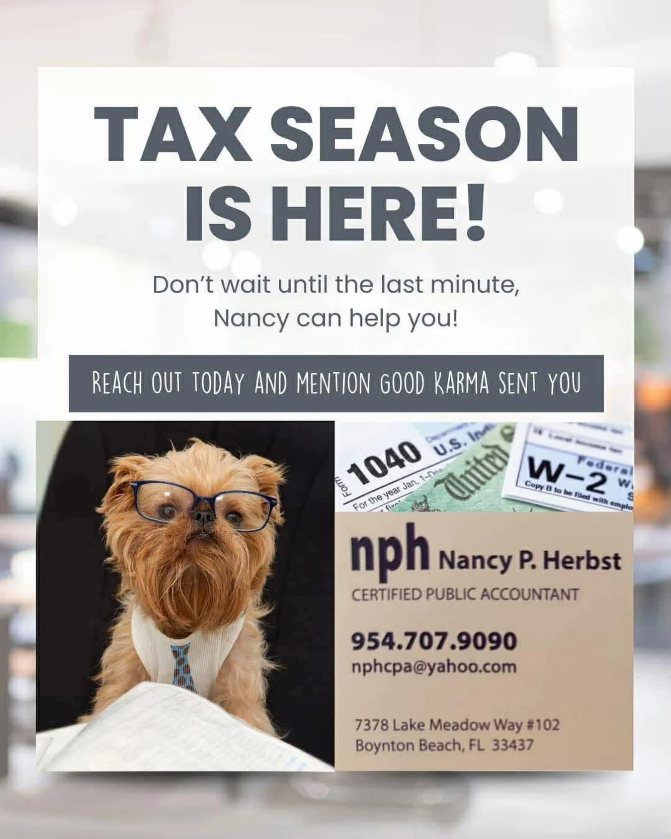 🧾 TAX SEASON IS HERE! 🧾

We almost forgot to shout out one of our favorite humans&hellip; our go-to, animal-loving accountant, Nancy! 🐾💼

If you&rsquo;re still looking for someone you can actually trust with your taxes (and not just survive tax s