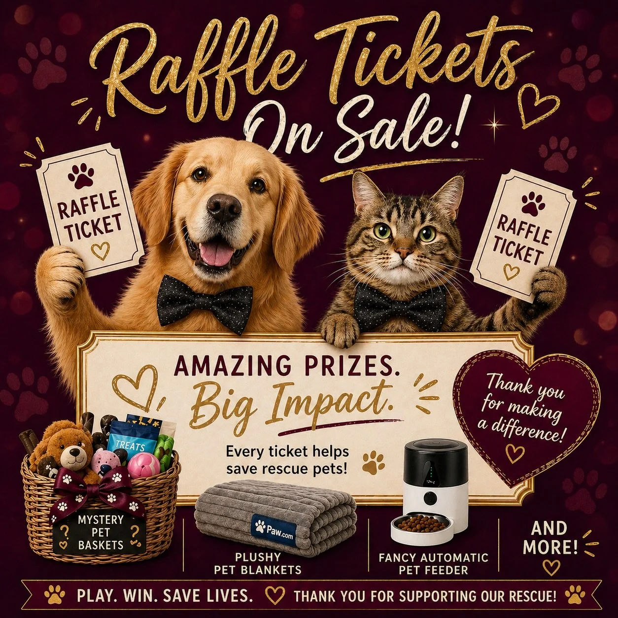 🎟️🐾 Raffle Tickets = Instant Impact 🐾🎟️�
�
Not sure what to bid on? Raffles are the easiest (and most fun!) way to jump in 💛

From mystery baskets and cozy pet goodies to fun surprises for you and your pets&mdash;there&rsquo;s something for ever