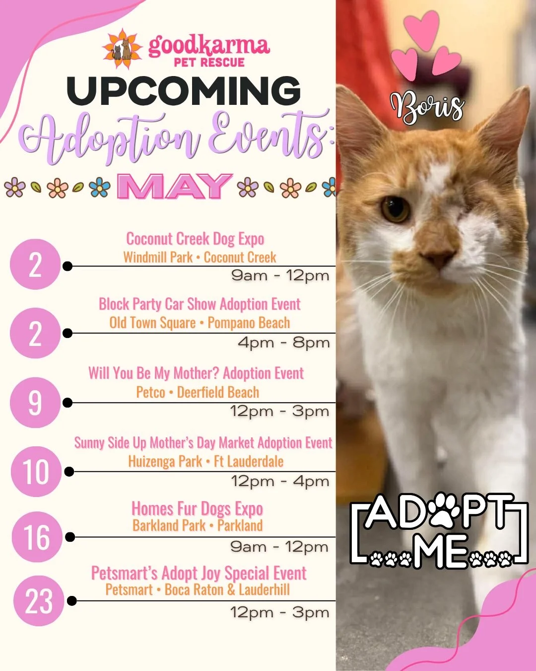 🌴🐾 MAY EVENTS ARE HERE &amp; WE&rsquo;RE BOOKED + BUSY!! 🐾🌴
(and by busy we mean&hellip; surrounded by adorable, adoptable furry faces 🥹)

🚨 HAPPENING TODAY!! 🚨
Come see us out in the community + meet your future best friend 👀💛

🐶 Coconut C