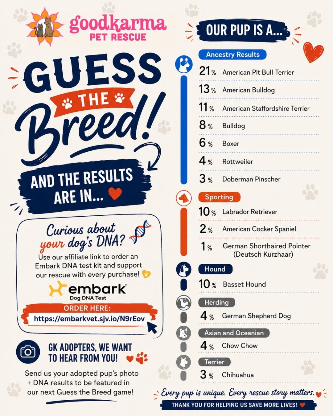 🎉 AND THE RESULTS ARE IN&hellip; 🎉🐾

Did you guess it right?! 👀

This pup turned out to be the ultimate rescue mix surprise 🧬🐶
(Seriously&hellip; the breakdown is WILD 😂 &mdash; check the graphic!)

We LOVE seeing what makes up our dogs &mdash