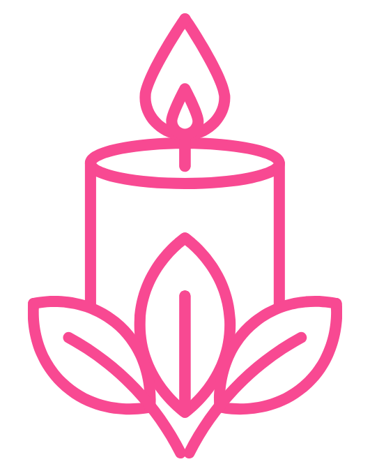 Pink candle with a flame, surrounded by stylized leaves.