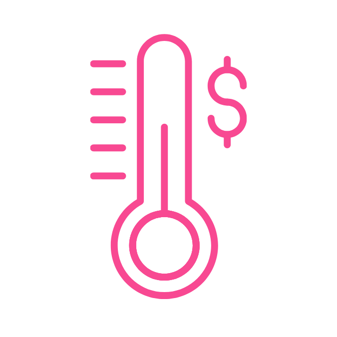 Pink icon of a thermometer with dollar sign and motion lines.