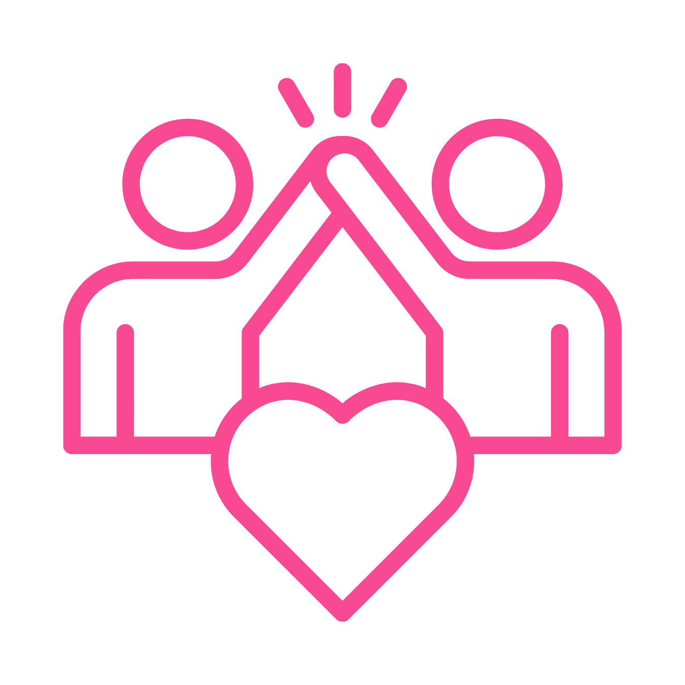 Pink outline icon of two people giving a high five, with a heart shape at the bottom center.