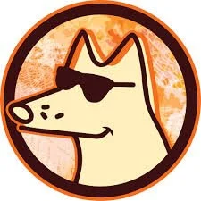 Illustration of a dog with an eye patch inside a circular frame with an orange background.