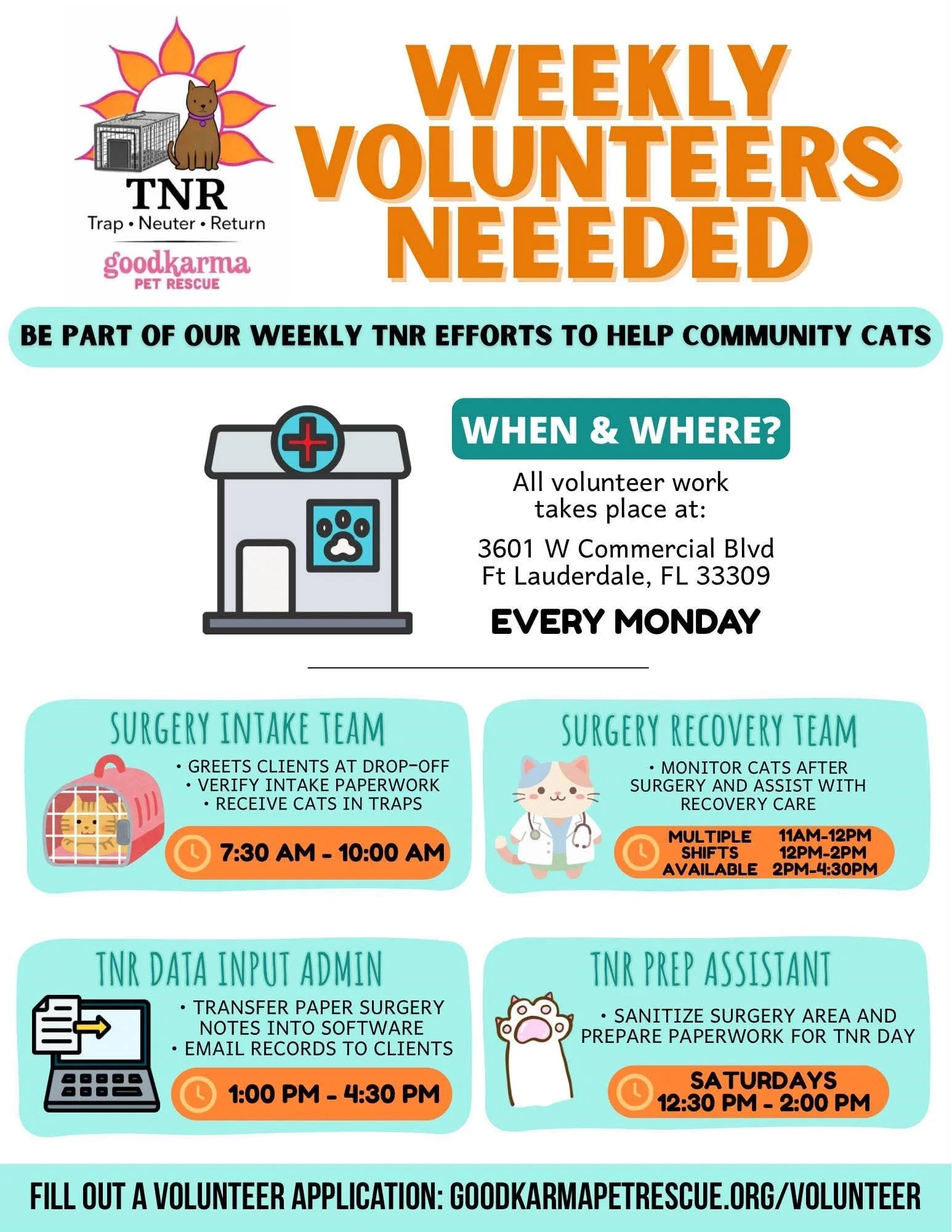 Volunteer Flyer with info for Good Karma Pet Rescue's TNR program