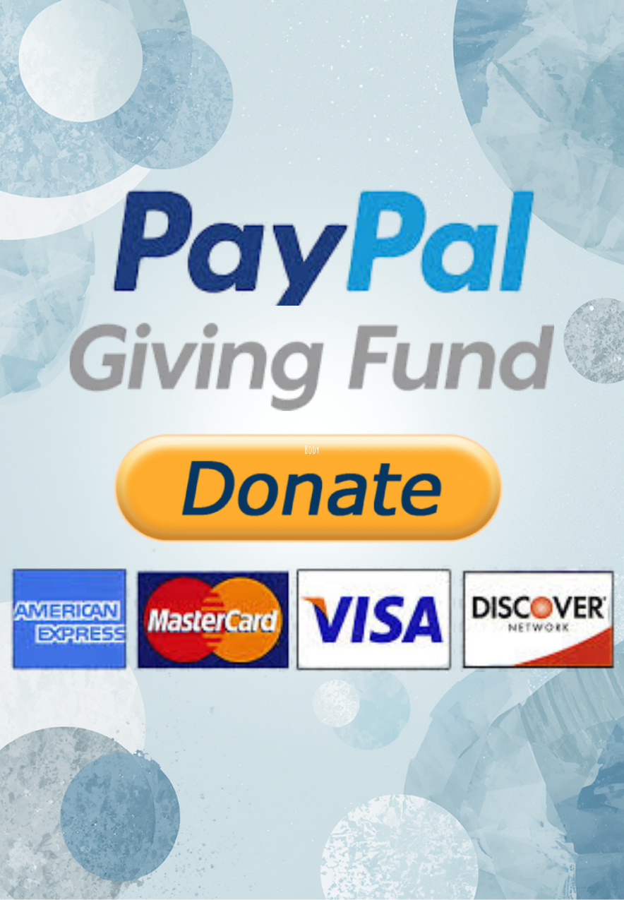 PayPal Giving Fund donation button with credit card options including American Express, MasterCard, Visa, and Discover.