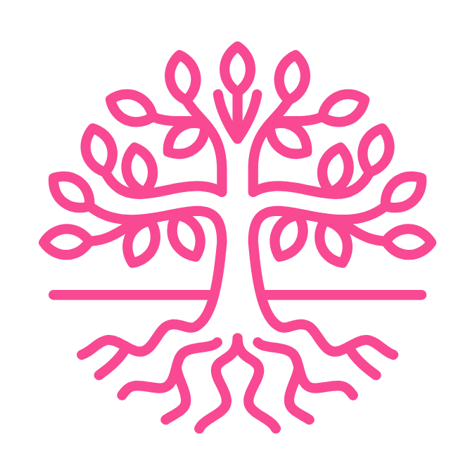 Pink line drawing of a tree with roots.