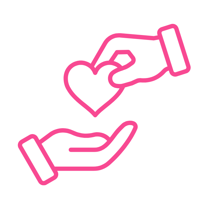 Pink neon-style outline of one hand offering a heart to another hand, symbolizing giving or charity.