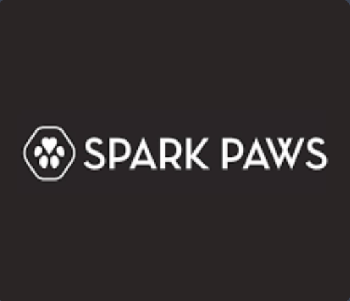 Spark Paws logo with a paw print inside a hexagon on a black background.