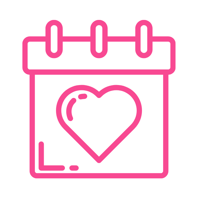 Neon pink calendar icon with a heart symbol in the center.