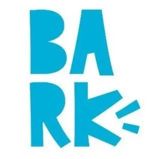 Stylized text spelling 'BARK' in blue with a graphic element resembling three lines or strokes to appear like the sound of a bark coming out of a dog's mouth next to the letter 'K'.