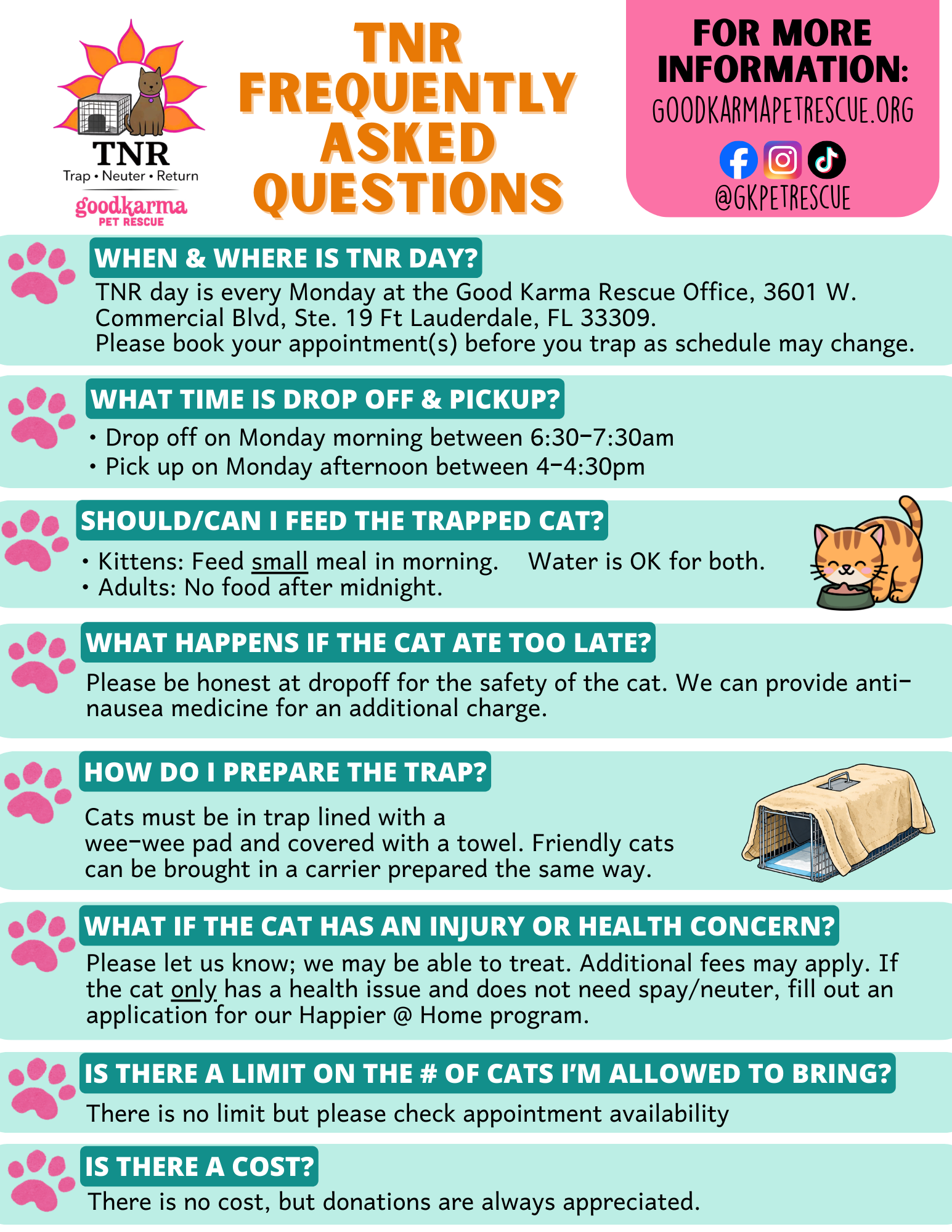 TNR Frequently Asked Questions poster with details about trap, neuter, return program, drop-off and pick-up times, feeding, and health procedures, featuring colorful illustrations of paw prints, a cat in a trap, and social media icons.