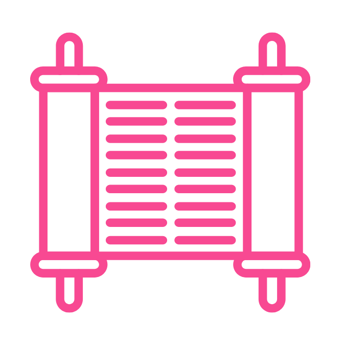 Neon pink outline of an ancient scroll or parchment with horizontal lines.