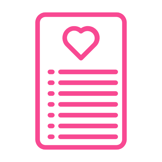 Pink outline of a card with a heart at the top and lines representing text underneath.