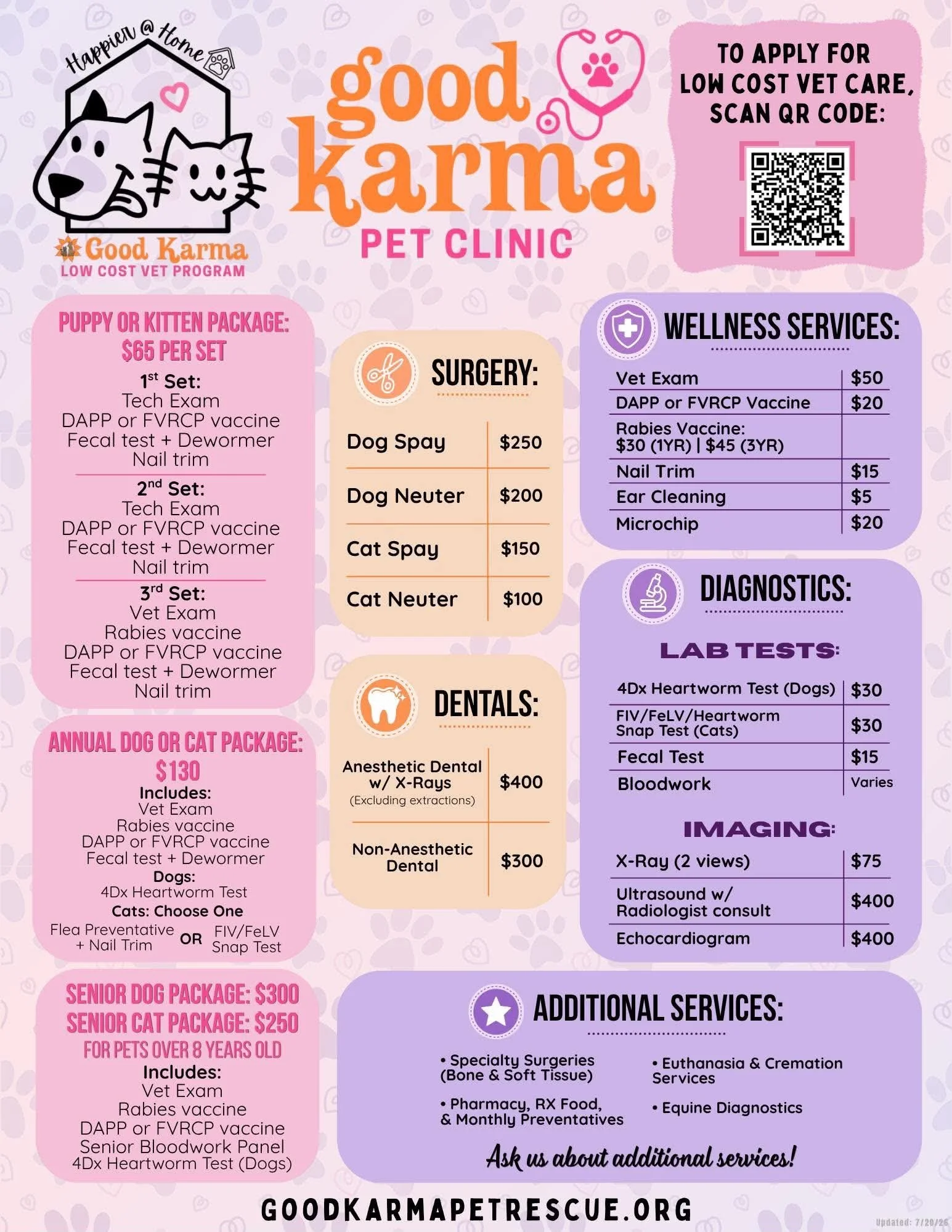 Price list for Good Karma Pet Clinic