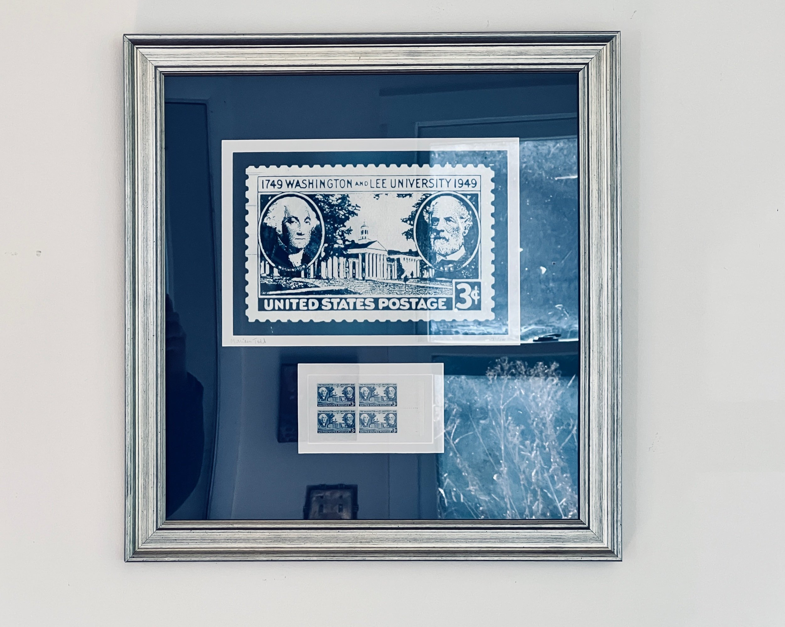 The Generals: 1949 USPS Commemorative Washington and Lee University Stamp wuth Robert E. Lee, George Washington, and the historic Colonnade Original Cyanotype Art