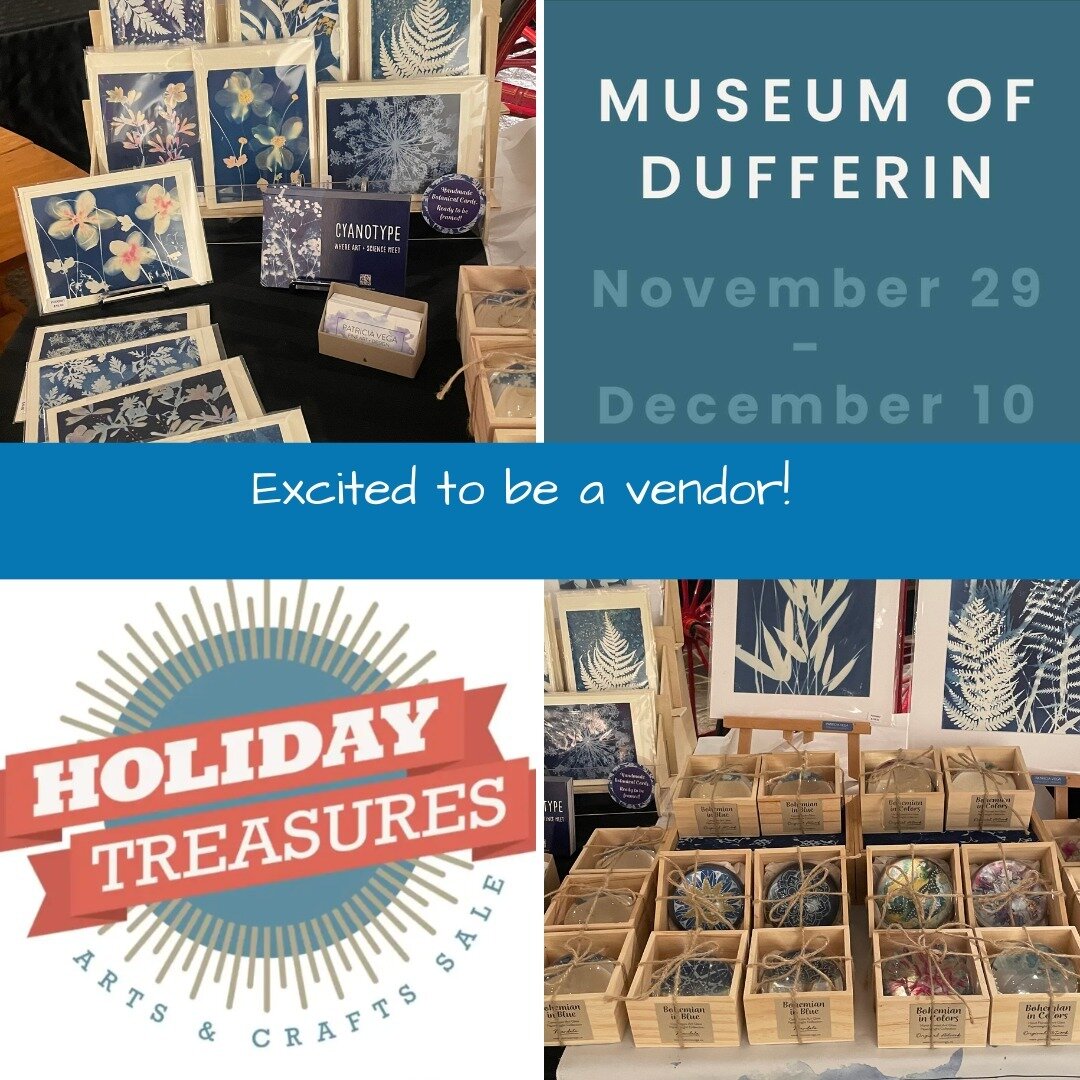 All set up and ready for the Holiday Treasures at the Museum of Dufferin from Nov 29 to Dec 10. @museumofdufferin 
If blue is your favourite colour come and check out my &quot;Bohemian in Blue&quot; collection, that includes #cyanotypetextile , #cyan