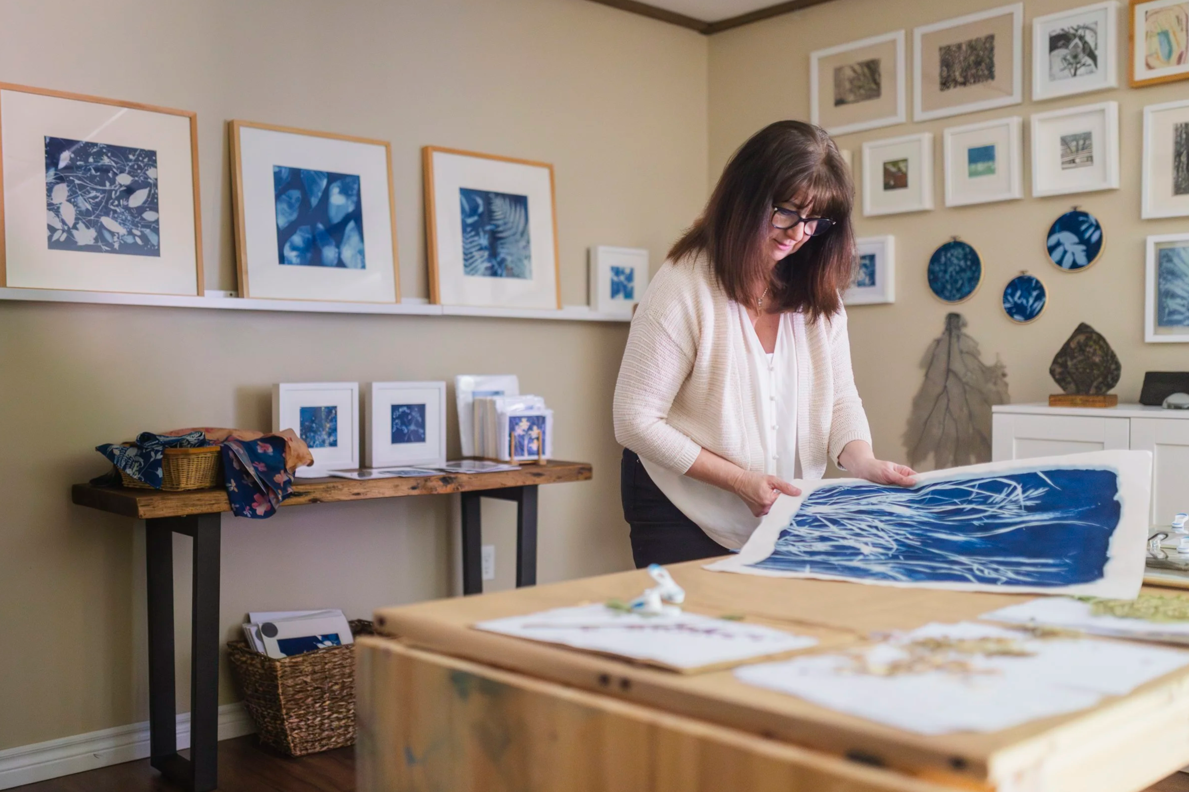 Patricia Vega, Cyanotype and Printmaker Fine Artist in her art studio based in Mulmur, Ontario