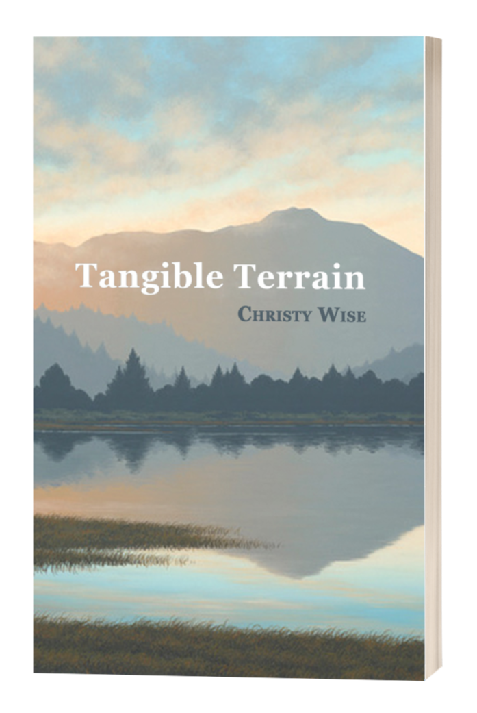 Book cover titled "Tangible Terrain" by Christy Wise featuring a landscape with mountains, trees, and a body of water reflecting the sky and mountains.