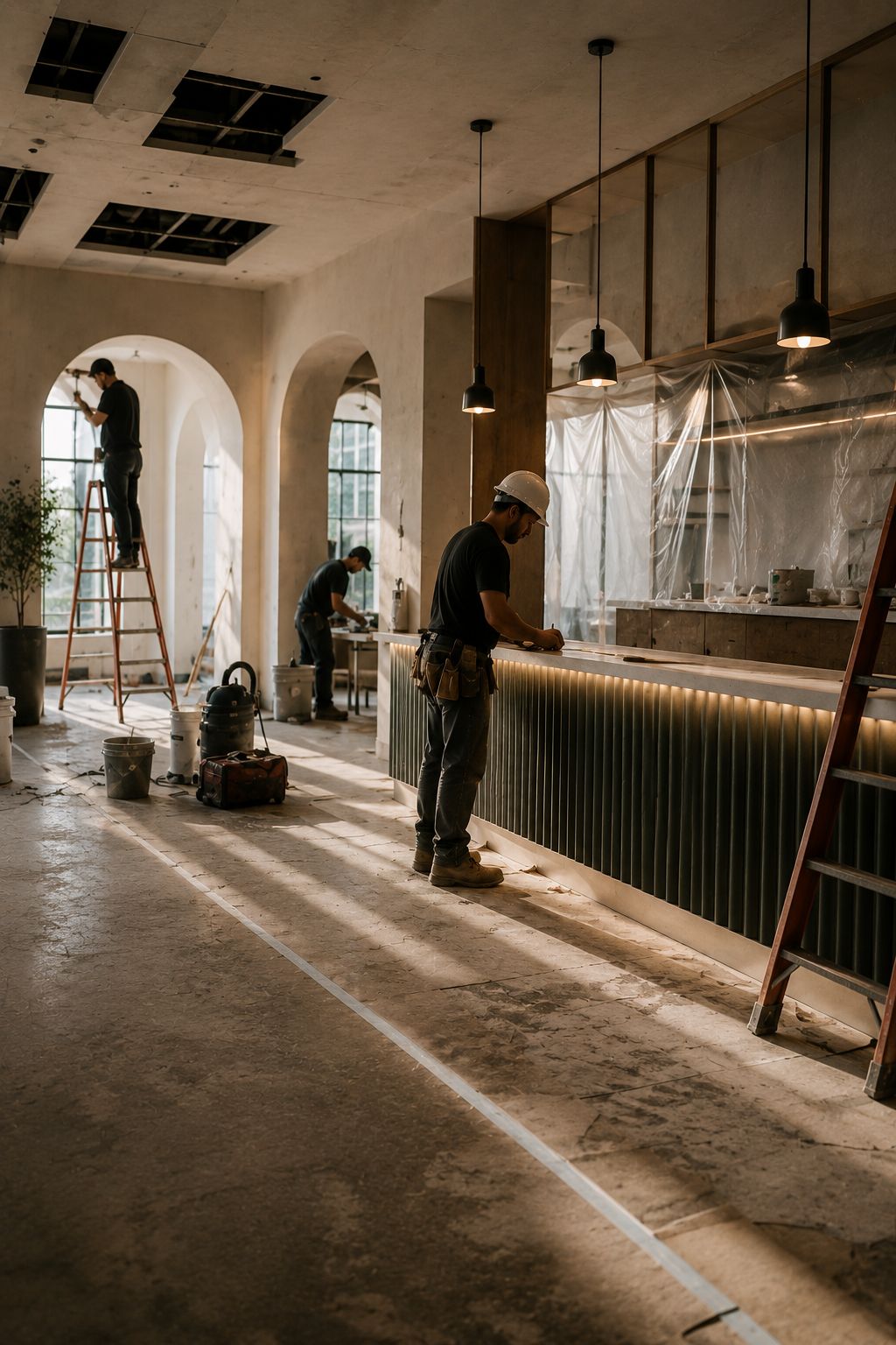 Interior construction scene with three workers installing or renovating a space. One worker is selfie on a ladder near a large window, another is working on a table, and the third is at the counter with a hard hat, working on the surface. Construction tools and equipment are on the floor.