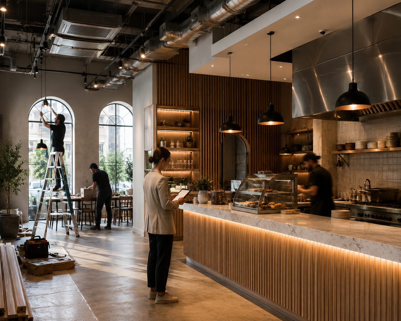 Interior of a modern restaurant with large arched windows, wooden and marble decor, workers cleaning and preparing, and a customer reading a menu.