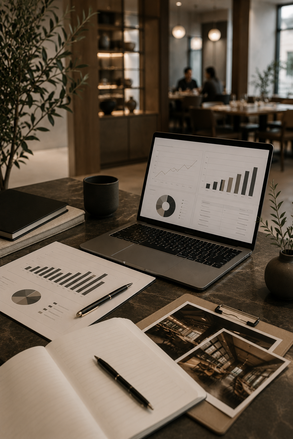 A workspace with an open laptop displaying graphs and charts, notebooks, printed graphs, photographs, a pen, a pen on an open notebook, a black cup, and small potted plants on a dark marble desk in a modern office setting.