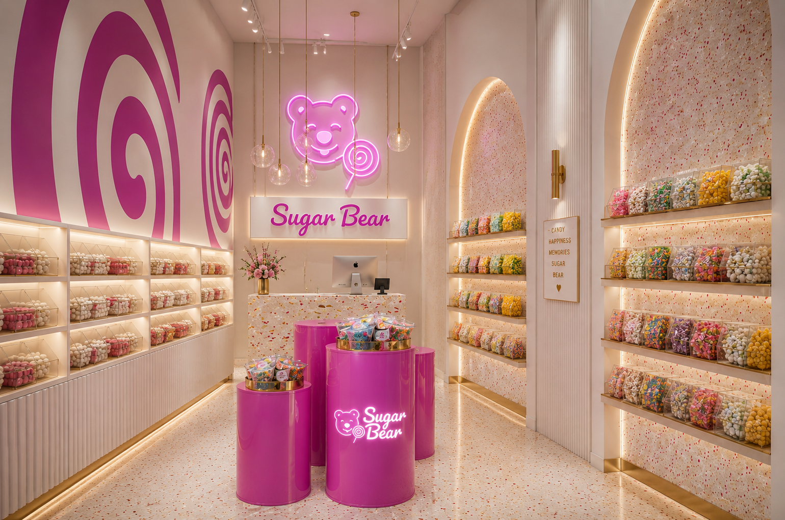 Interior of a candy shop with a pink and white color scheme, featuring shelves filled with colorful candies in clear containers, a display counter with a computer and a flower arrangement, and neon signs with a bear face and the words "Sugar Bear".