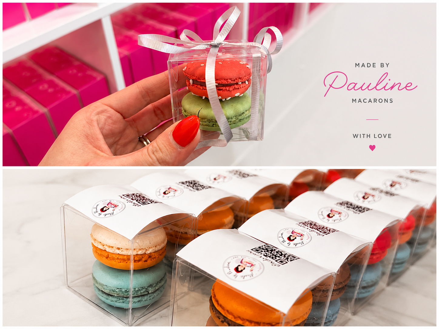 Colorful macaroons in clear plastic gift boxes with white ribbons, placed on a pink "Made by Pauline" box.