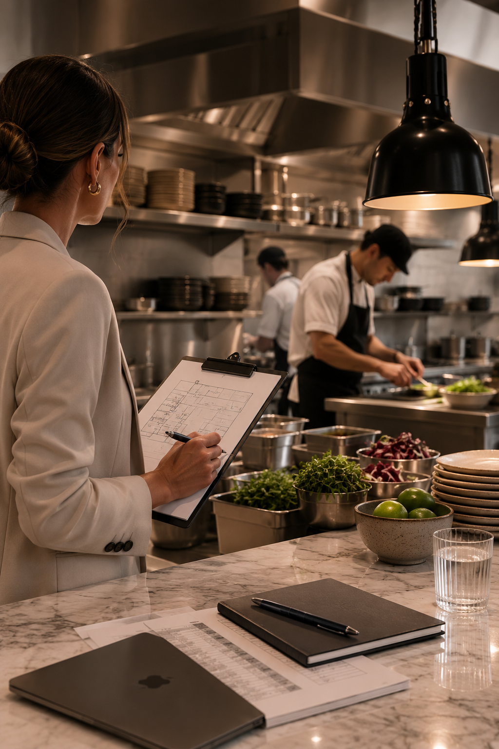 A woman in a beige blazer holding a clipboard with a floor plan, in a restaurant kitchen with chefs preparing food.