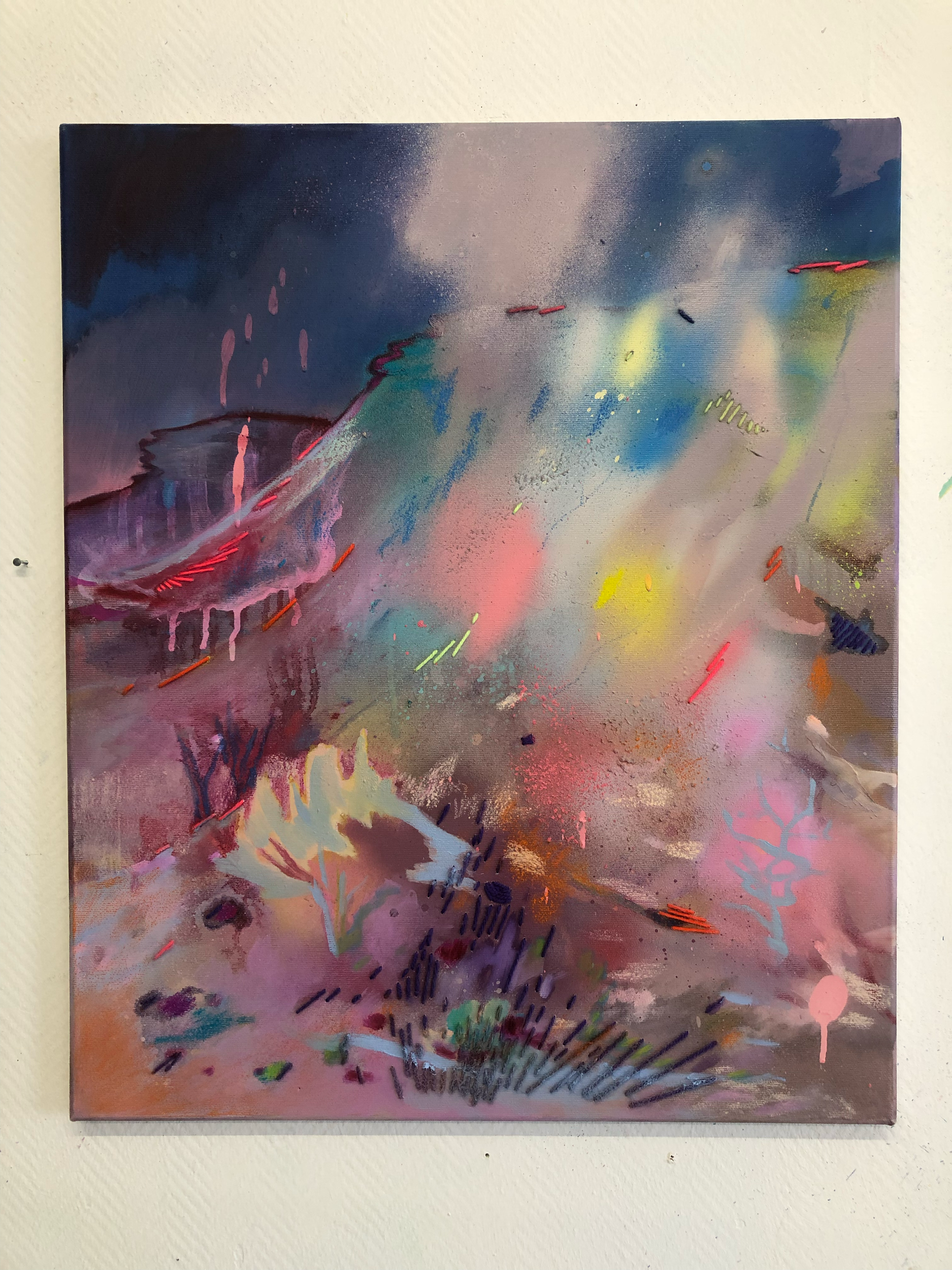 "Indifference, pain, hope", 50x60cm, oil, acrylic spray paint, mixed media, textile-thread, SOLD