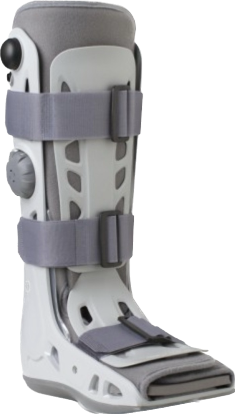 Medical walking boot with a gray and white design, secured with gray straps and buckles, used for foot or ankle injury recovery.