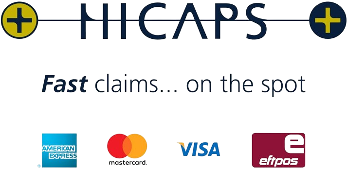 HICAPS logo with the tagline "Fast claims... on the spot" and icons for American Express, Mastercard, Visa, and Eftpos.