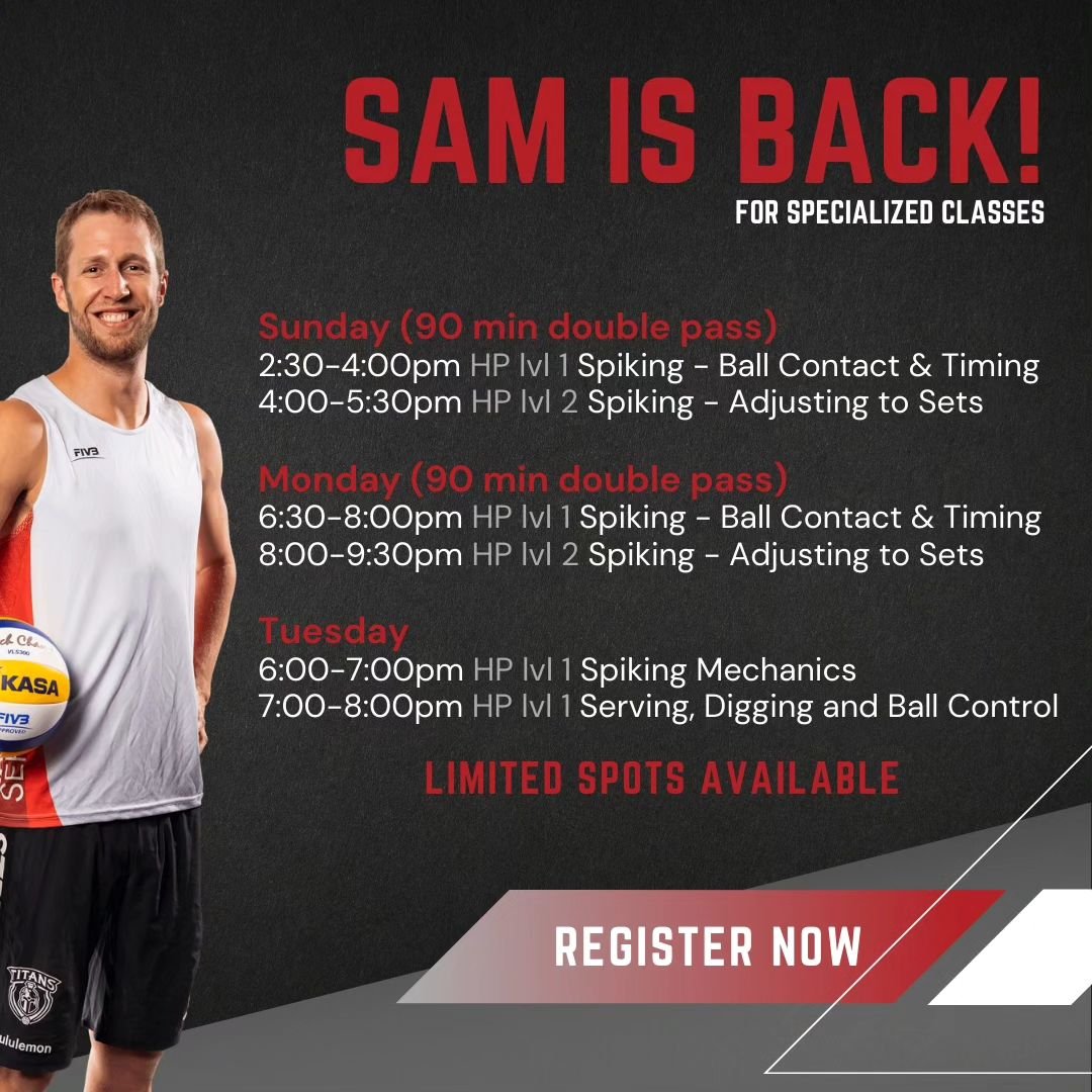 Sam Schachter is back for 3 days to lend his knowledge to our athletes.

This Sunday, Monday and Tuesday (April 14, 15, 16) at our Markham location.

Sign up quickly, as limited spots are available, and learn from one of Canada&rsquo;s top volleyball